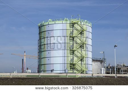 Frankfurt, Germany - Mar 6, 2013: Industry Park In Frankfurt Hoechst With    Tank  Under Blue Sky