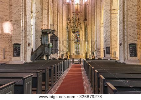 Wolgast, Germany - Aug 13, 2015: Inside Historic Gothic St Petri Church In Wolgast, Usedom, Germany.