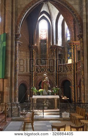 Selestat, France - June 23, 2018: Inside St. Faiths  Church With Colorful Windows In Selestat. The C