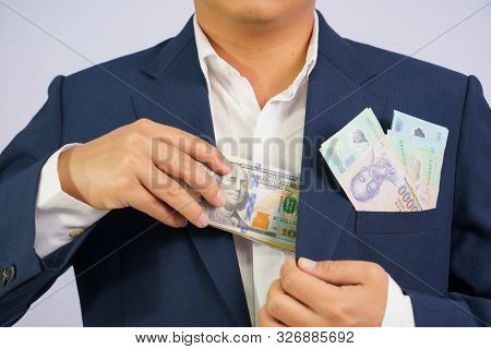 Money In Usa Hold On Hand Business Man And Money In Vietnam (vnd) Hold On Hand Business Man Wearing 