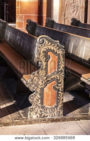 Wetzlar, Germany - Jul 18, 2018: Beautiful Bench Decoration In The Dome In Wetzlar. Wetzlar Cathedra
