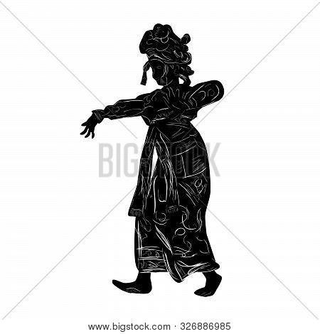 Vector Hand Draw Sketch And Silhouette Of Young Girl Traditional Bali Indonesia .