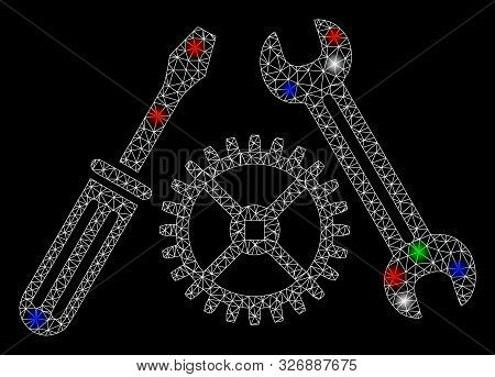 Bright Mesh Tuning Service With Glow Effect. White Wire Frame Triangular Mesh In Vector Format On A 