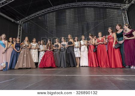 Many German Wine Princesses Presenting Her Wine Area At The Gau-algesheim Wine Festival