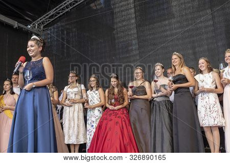 Many German Wine Princesses Presenting Her Wine Area At The Gau-algesheim Wine Festival