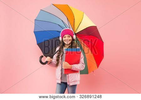 Rain Forecast On September 1. Cute Schoolgirl Colorful Umbrella On September 1. Small Child Go To Li