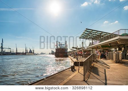HAMBURG, GERMANY - JULY 24, 2018 : Street view of Cruise ship in the harbor, Hamburg, Germany.