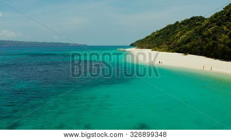 Sandy Tropical Beach With Tourists And Blue Clear Sea. Summer And Travel Vacation Concept. Boracay, 