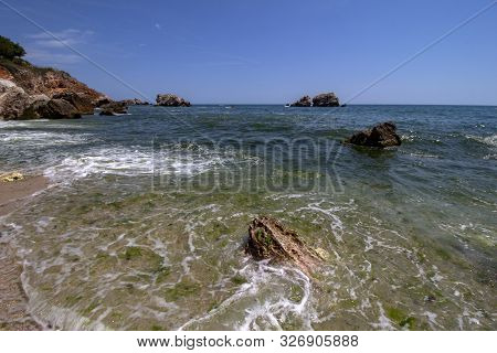 Seascape. Rocks And Water. The Small Beach In Rusalka Resort. Northern Black Sea Coast, Bulgaria.
