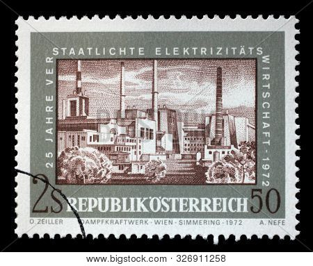 ZAGREB, CROATIA - JULY 02, 2014: A stamp issued in the Austria shows Steam Power Plant Vienna, the 25th Anniversary of Nationalized Electricity, circa 1972.