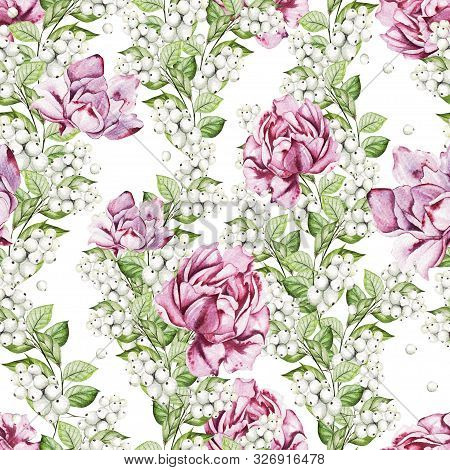 Beautiful Seamless Pattern With Watercolor  Roses And Snowberry.  Illustration
