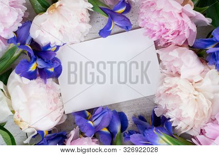 Fresh Peony And Iris Flowersframe, Copy Space On Blank Card