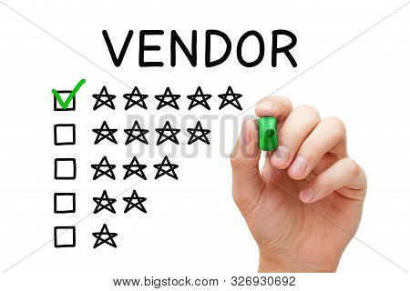 Satisfied Customer Putting Check Mark With Green Marker On Five Star Rating In Vendor Evaluation Fee
