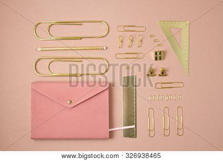 Top View Over Notepad And Golden Office Suplplies. Working Space, Studies, Office Desk, Home-office 