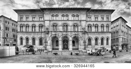 Perugia, Italy - January 12: Panoramic View With The Facade Of The Civil Court, Historic Building In