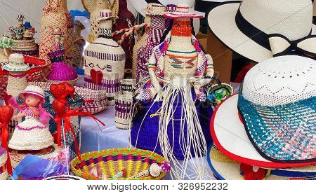 Wicker Souvenirs: Baskets, Dolls, Bottles, Vases, Hats Made From Toquilla Straw, Vegetable Fiber And