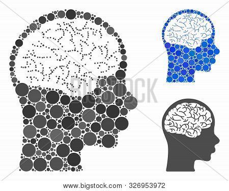 Brain Composition Of Small Circles In Different Sizes And Color Tinges, Based On Brain Icon. Vector 