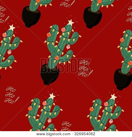 Christmas Cacti. New Year Seamless Pattern. Vector Image