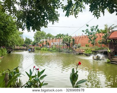 Phranakhon Si Ayutthaya, Thailand - June 30 2019: Ayothaya Floating Market With Boat And Name Tag.