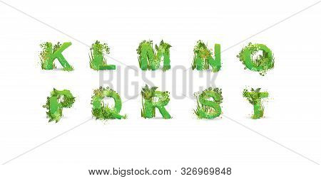 Green Leaves Font. Vector Illustration. Stylish Eco Alphabet From Colorful Tropical Leaves, Bushes, 