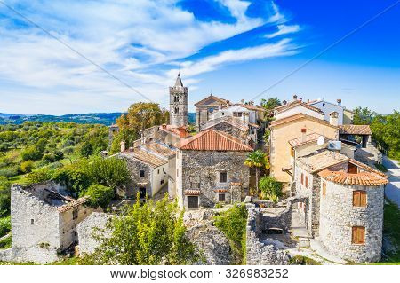 Old Town Of Hum On The Hill, Beautiful Traditional Architecture In Istria, Croatia, Aerial View From