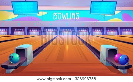 Bowling Alleys With Balls, Pins And Scoreboard Screens. Empty Club Interior With Skittles On Lane, P