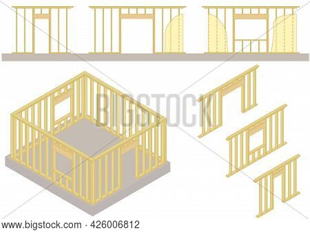 Vector. Wood Frame Of The Simple House On Concrete Foundation. Framed Window And Door Openings. Hous