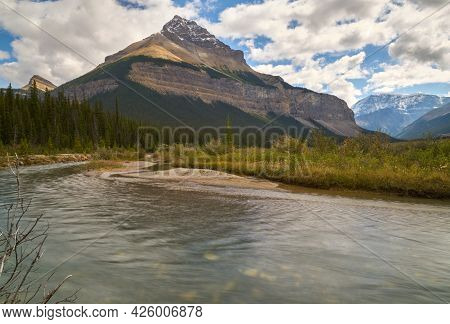 Sunwapta River And Tangle Peak Alberta. Tangle Peak With The Sunwapta River In The Rocky Mountains. 