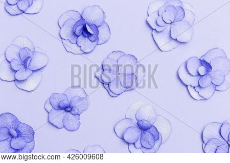 Floral Arrangement With Small Puple Hydrangea Flowers, Natural Floral Flat Lay In Summer Seasonal St