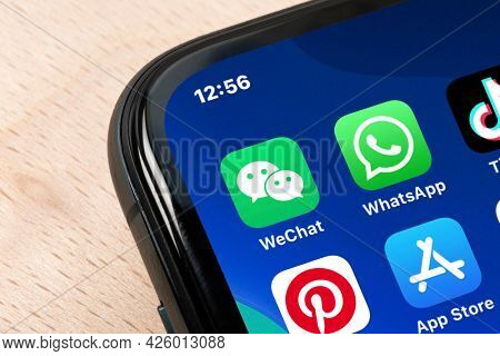 Ostersund, Sweden - Mars 24, 2021 WeChat icon on a smartphone. WeChat is a Chinese multi-purpose messaging, social media and mobile payment app