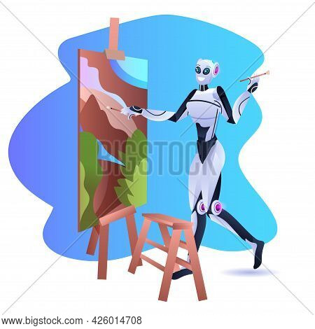Robotic Painter Using Paintbrush Robot Artist Standing In Front Of Easel And Painting Art Creativity