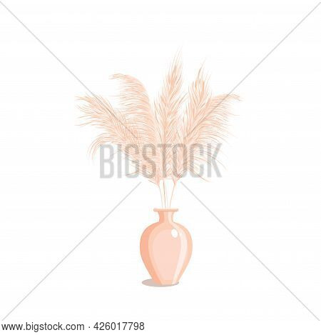 Pampas Grass In Vase Isolated On White Background . Dried Floral Ornament Elements In Boho Style. Ho