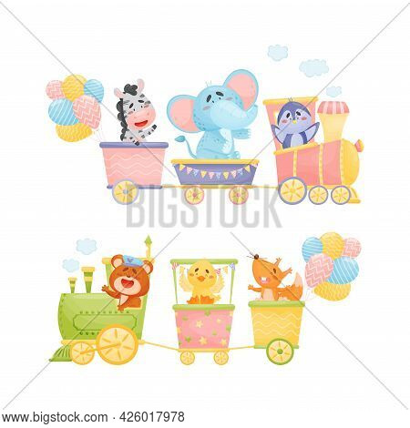 Funny Animals Riding Locomotive Or Steam Train Enjoying Journey Vector Set