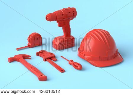 Isometric View Of Monochrome Construction Tools For Repair And Installation On Blue And Redbackgroun