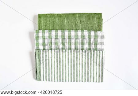 Top View New Kitchen Towels In Verdun Green ,strip And White Color Simple Pattern In Differnet Style