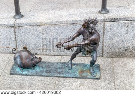 Zielona Gora, Poland - June 1, 2021: Sculpture Of Bachusik With Pig Founded By Bgz Bnp Paribas.