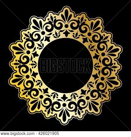 Template For A Decorative Frame With A Place For Text. Golden Round Openwork Ornament For Invitation