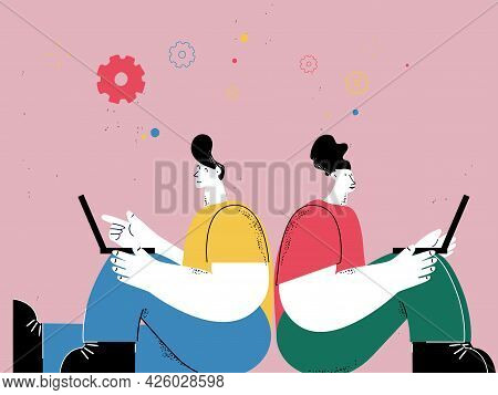 Man An Woman Working On Laptop, Freelance Job, Remote Work, Blogging, Co-working, Business Professio