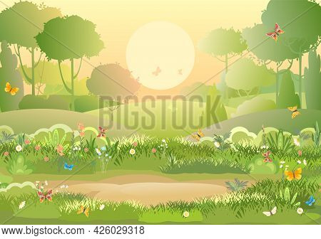 Glade. Amusing Beautiful Vegetation Landscape. Sun. Cartoon Style. Hills With Grass And Trees. Cool 