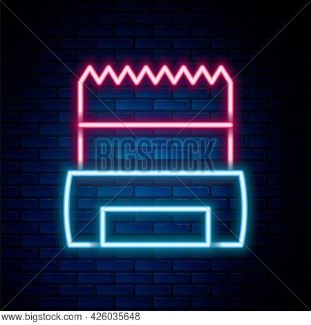 Glowing Neon Line Hygienic Dog Bag With Poop Icon Isolated On Brick Wall Background. Dog Shit In Bag