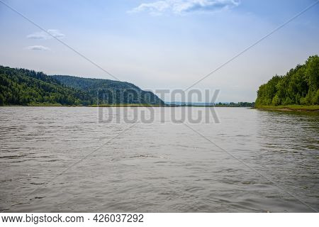 River Tom Flowing Through The Taiga Forests, South Siberia, Russia