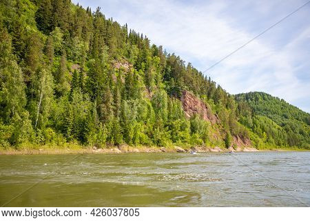 River Tom Flowing Through The Taiga Forests, South Siberia, Russia