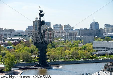Moscow, Russia - May 10, 2021: View Of The Monument To Peter The Great From The Moscow River. Panora