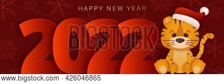 Happy chinese new year 2022 year of the little tiger greeting card. Cute tiger decorate lettering 2022.  Christmas background. Merry Christmas card with gold snowflakes vector Illustration. Merry Christmas card vector Illustration.Christmas. Christmas Vec
