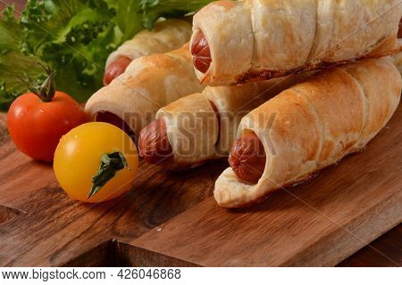 Sausage Buns. Soft Baked Bun (dough )stuffed With Pork Sausage For Fast Food Breakfast Or Coffee Bre