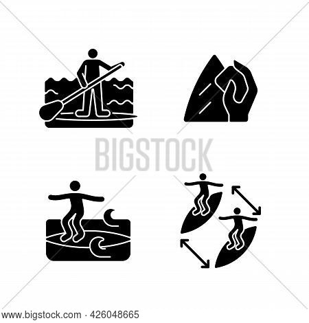 Riding Waves In Ocean Black Glyph Icons Set On White Space. Paddle Board Surfing. Surfboard Wax. Nos