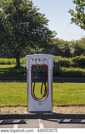 Grantham, Uk - May 30th 2021: Tesla Super Charging Station.