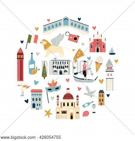 Tourist Abstract Circle Design With Famous Destinations And Landmarks Of Venice.