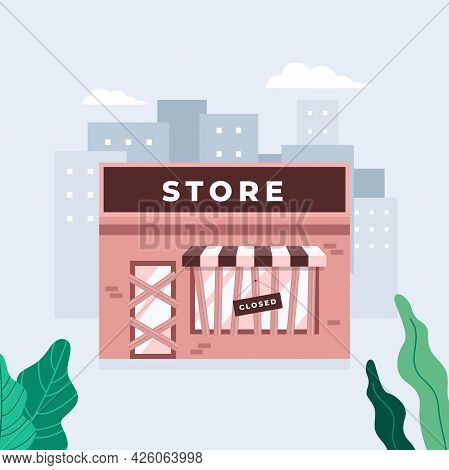 Store Shop Or Cafe Is Bankrupt And Closed. Locked Door On A Business That Has Gone Bankrupt. Closing