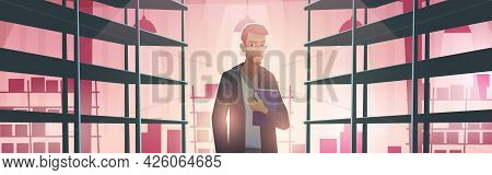 Businessman In Warehouse With Empty Metal Racks. Vector Cartoon Illustration Of Storage Room Interio